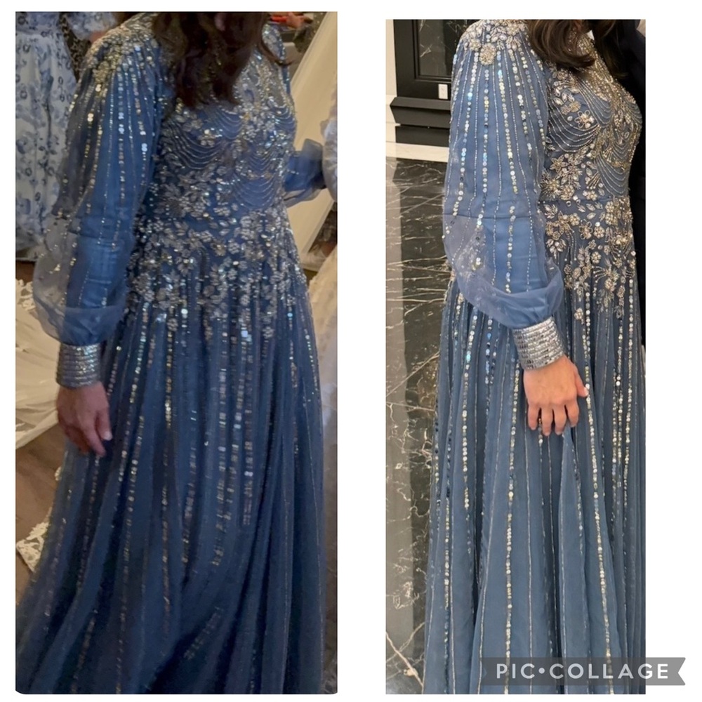 Mac Duggal Blue and Silver Embroidered Long Sleeve Dress